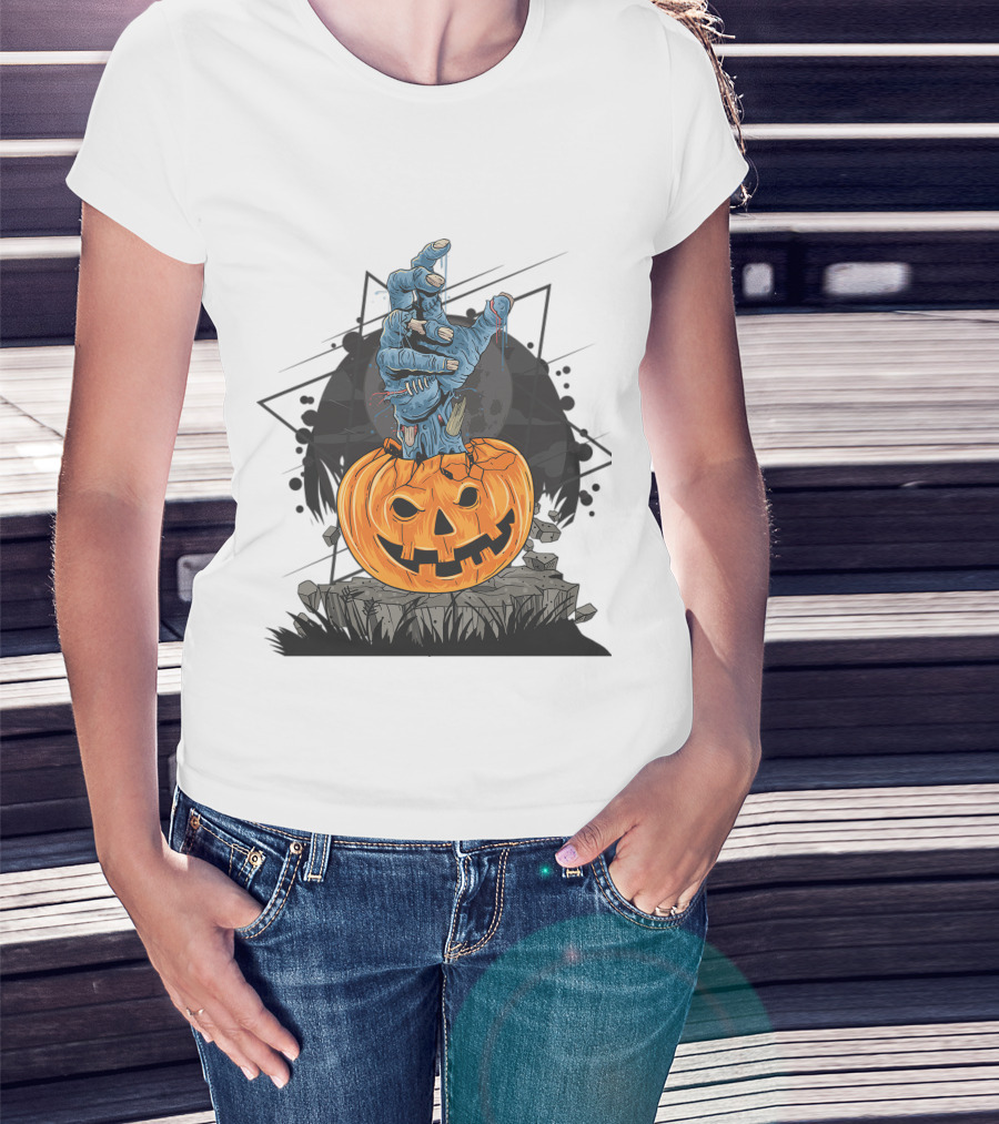 Zombie Hand Emerging From Pumpkin With Spooky Halloween Moon Background T-Shirt