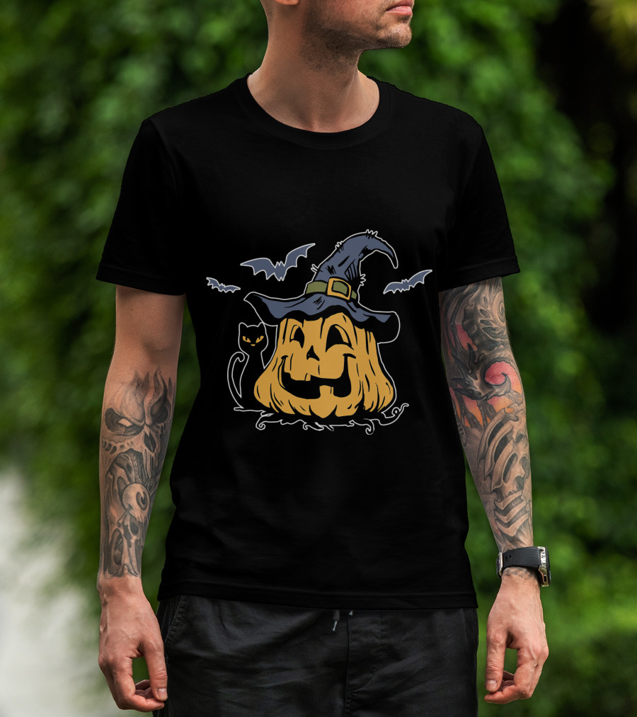 Pumpkin Black Cat Witch Hat Bats Everyday Is Halloween T-Shirt
