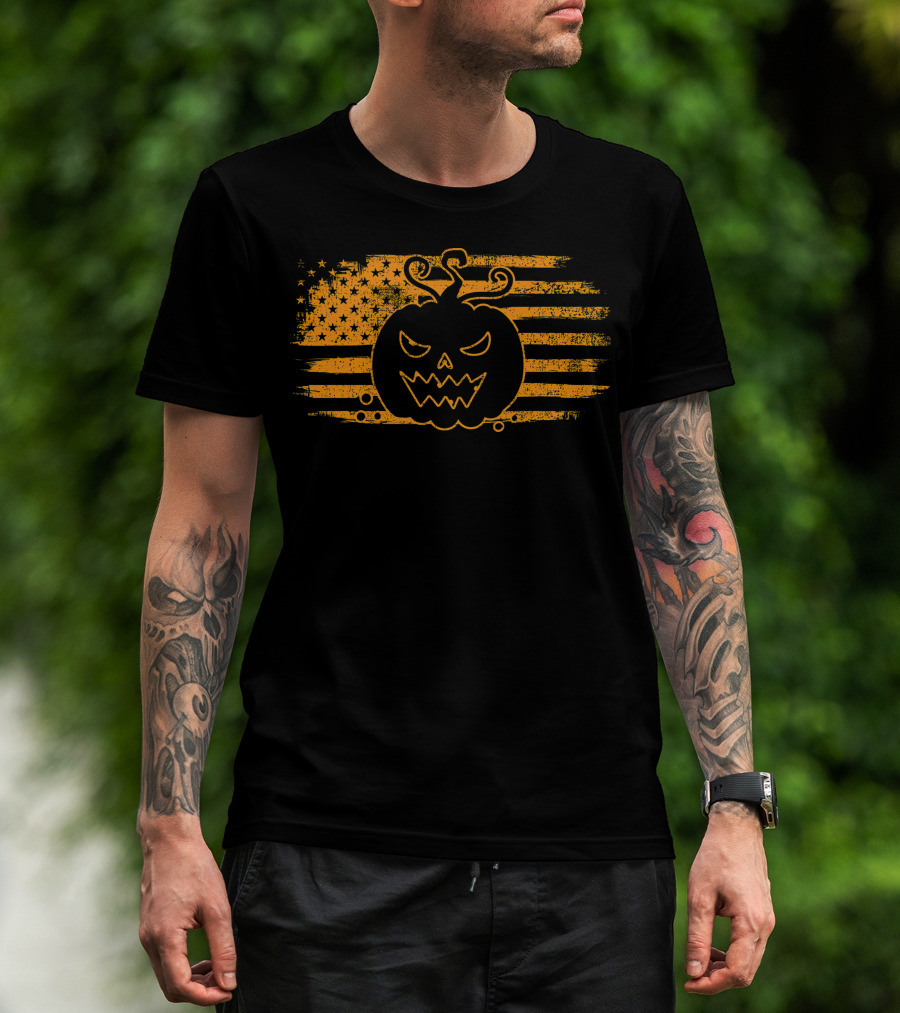 Halloween Pumpkin Monster USA Flag Grunge T-Shirt