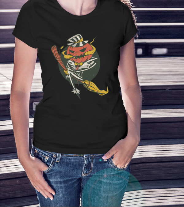 Halloween Pumpkin Skeleton With Striped Hat And Broomstick T-Shirt