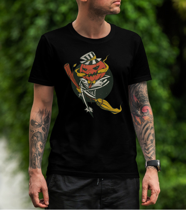Halloween Pumpkin Skeleton With Striped Hat And Broomstick T-Shirt