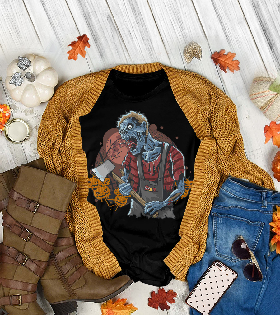 Zombie with Axe and Pumpkins in Spooky Forest T-Shirt