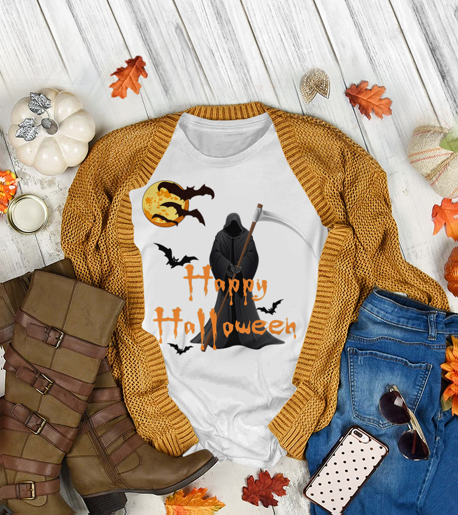Happy Halloween Grim Reaper with Bats and Moon T-Shirt