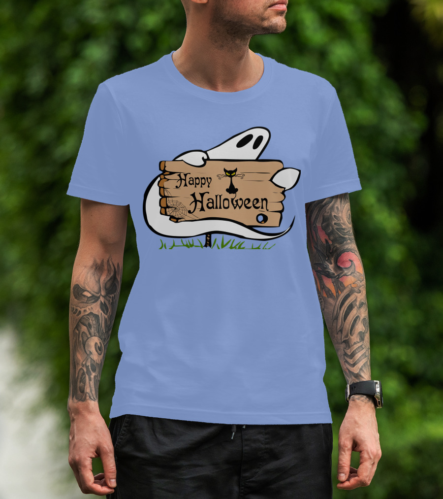 Happy Halloween Ghost With Black Cat And Spider Web T-Shirt