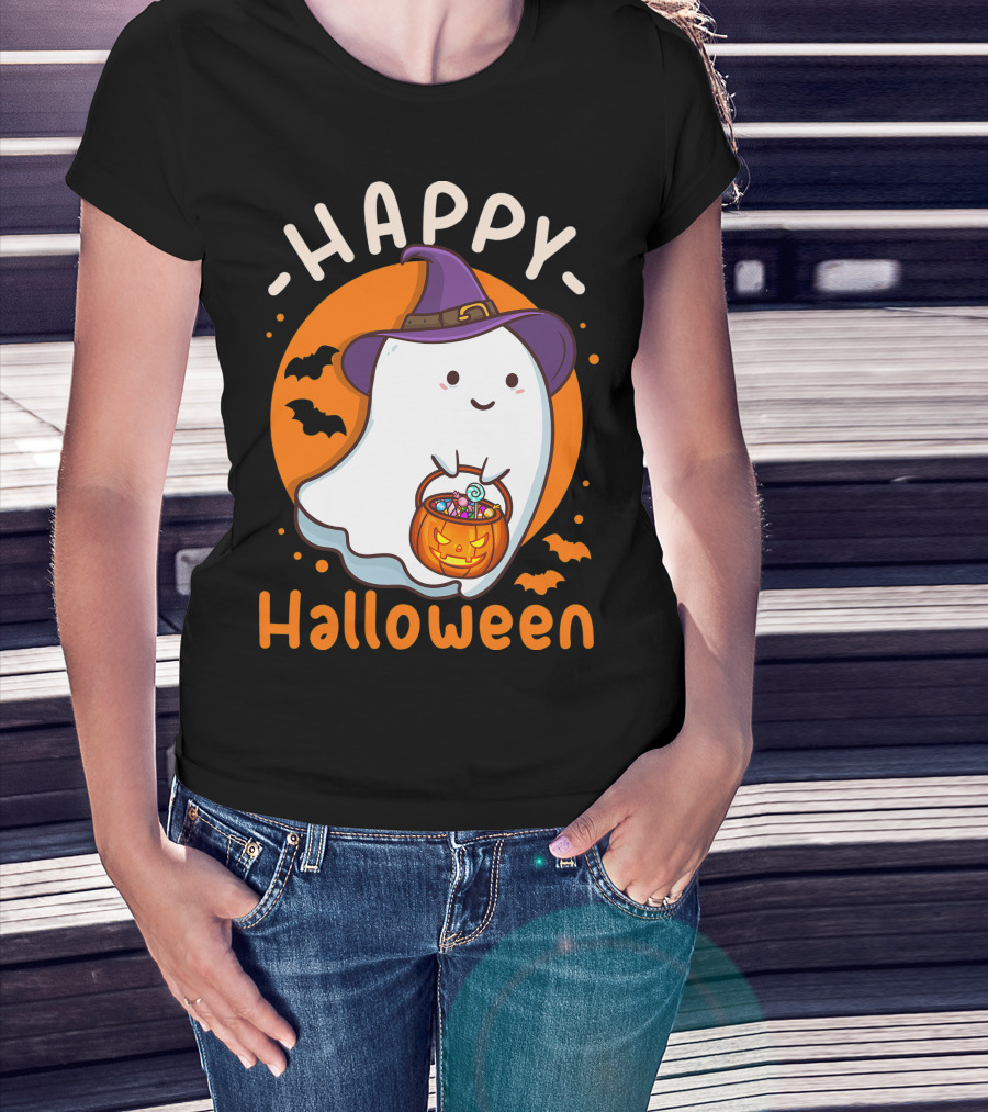 Happy Halloween Ghost With Pumpkin And Witch Hat T-Shirt