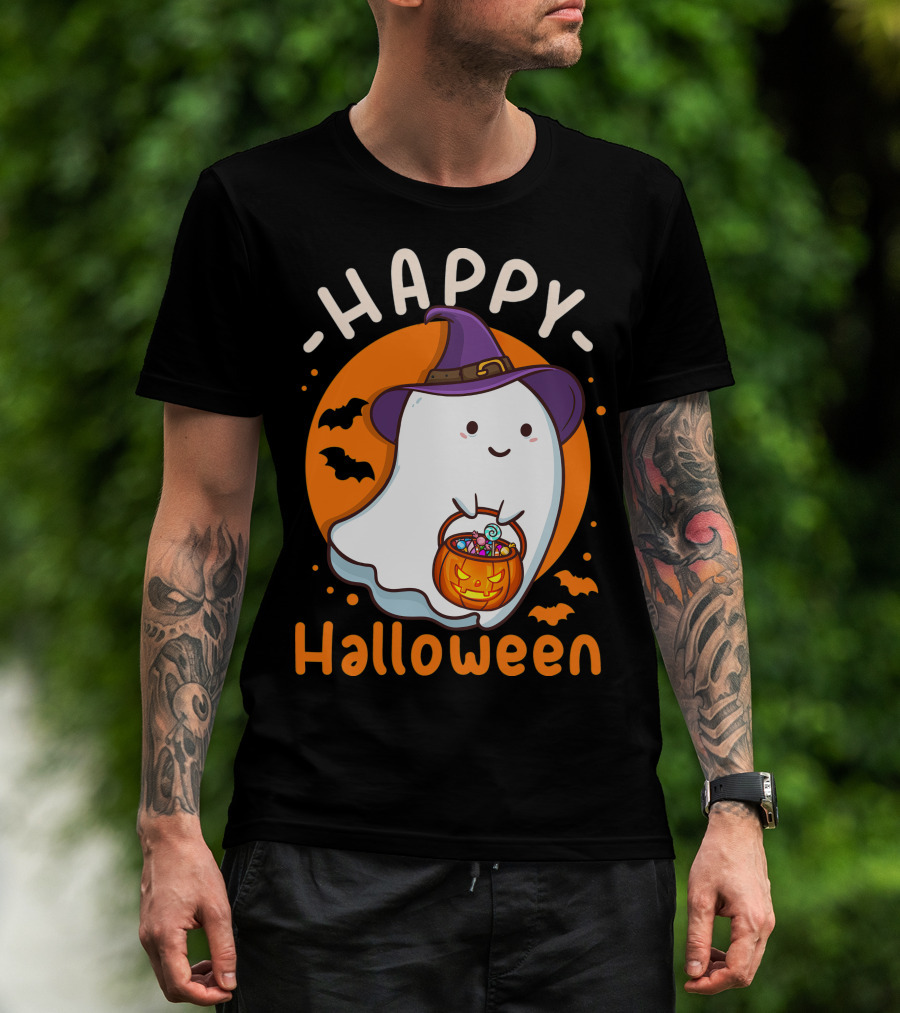 Happy Halloween Ghost With Pumpkin And Witch Hat T-Shirt