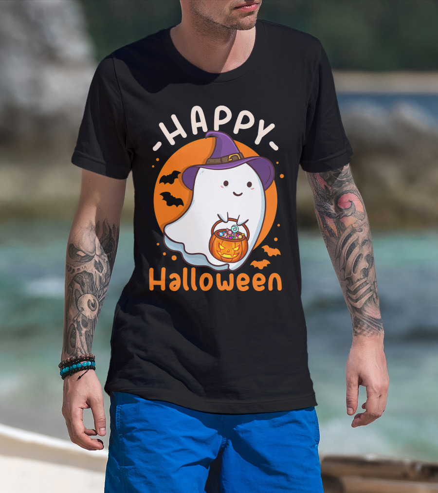 Happy Halloween Ghost With Pumpkin And Witch Hat T-Shirt