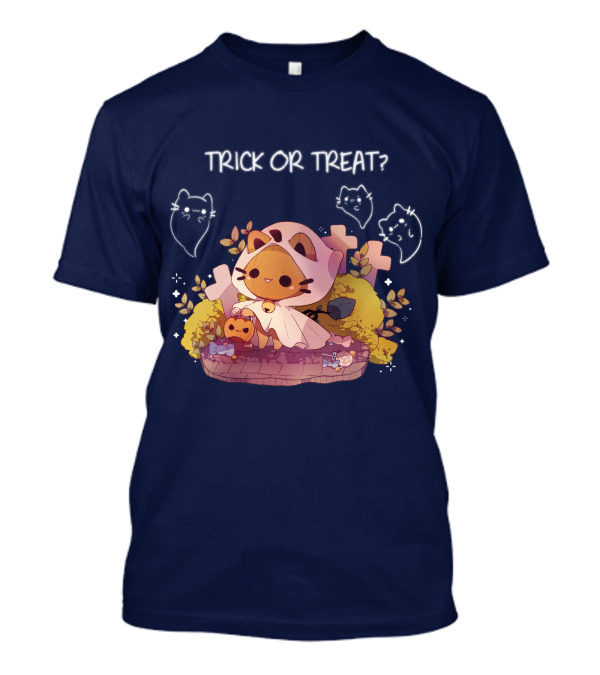 Trick Or Treat Kitty Ghost With Pumpkin And Crosses T-Shirt