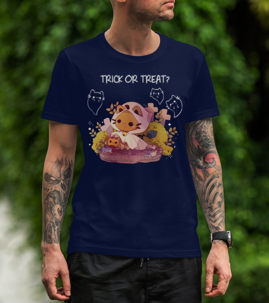 Trick Or Treat Kitty Ghost With Pumpkin And Crosses T-Shirt