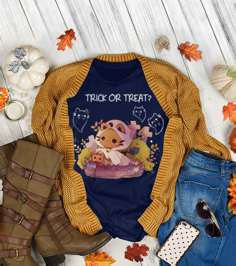 Trick Or Treat Kitty Ghost With Pumpkin And Crosses T-Shirt