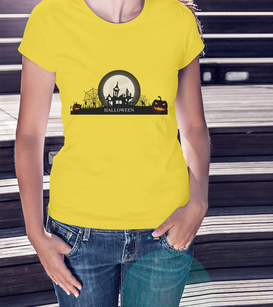Haunted House And Jack-o'-Lantern Silhouette With Full Moon Halloween Scene T-Shirt