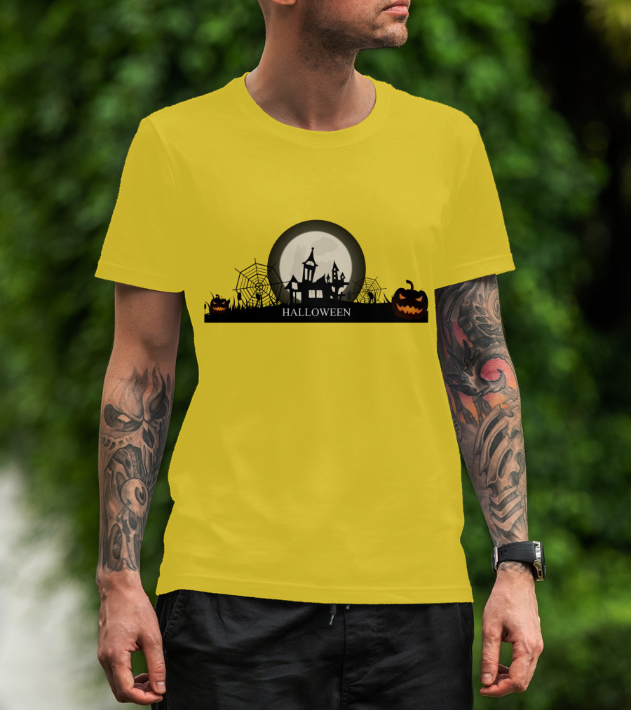 Haunted House And Jack-o'-Lantern Silhouette With Full Moon Halloween Scene T-Shirt