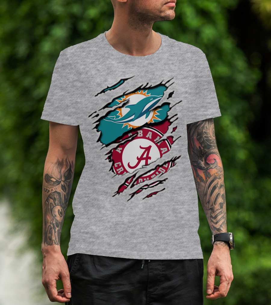 Alabama Crimson Tide And Miami Dolphins Logo Fusion T-Shirt