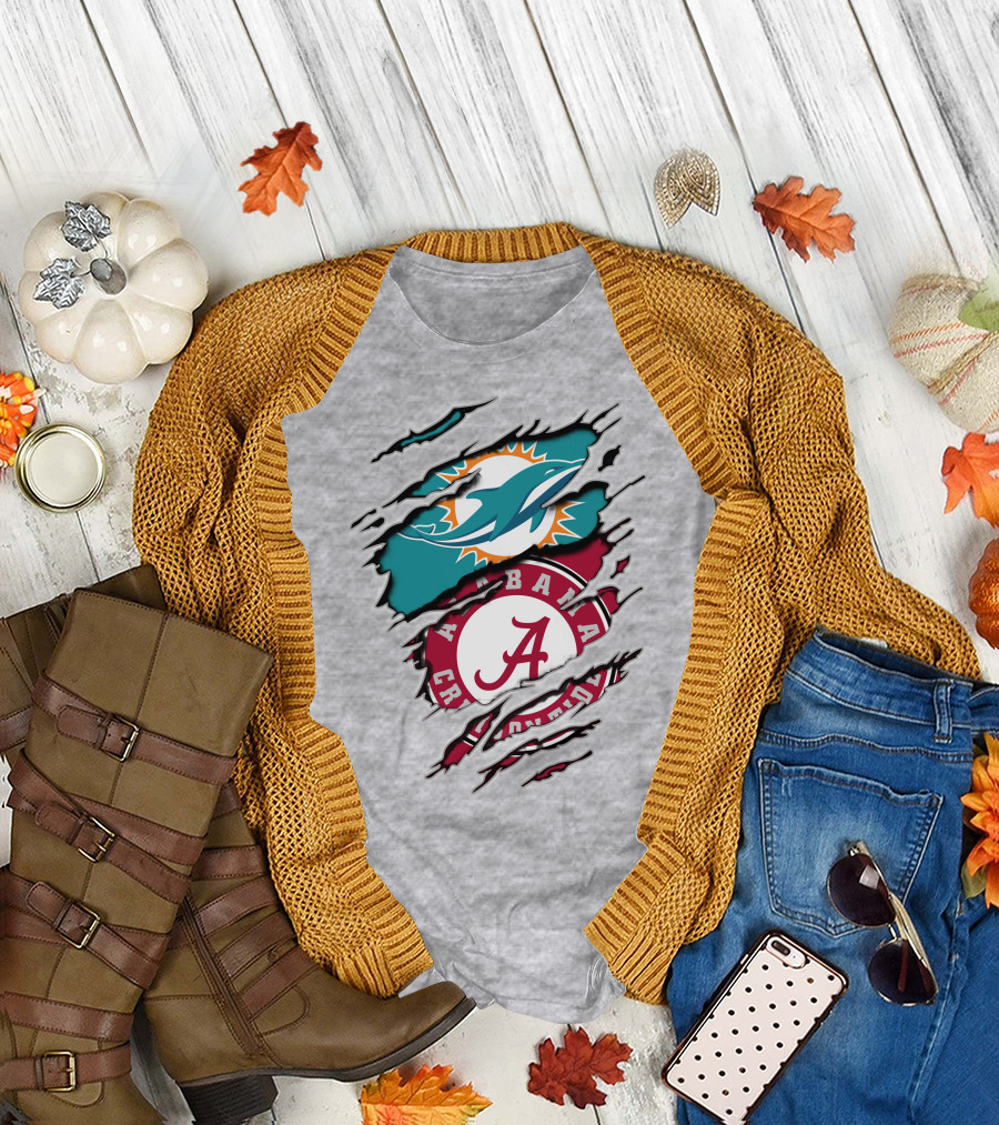 Alabama Crimson Tide and Miami Dolphins Logo Fusion T-Shirt