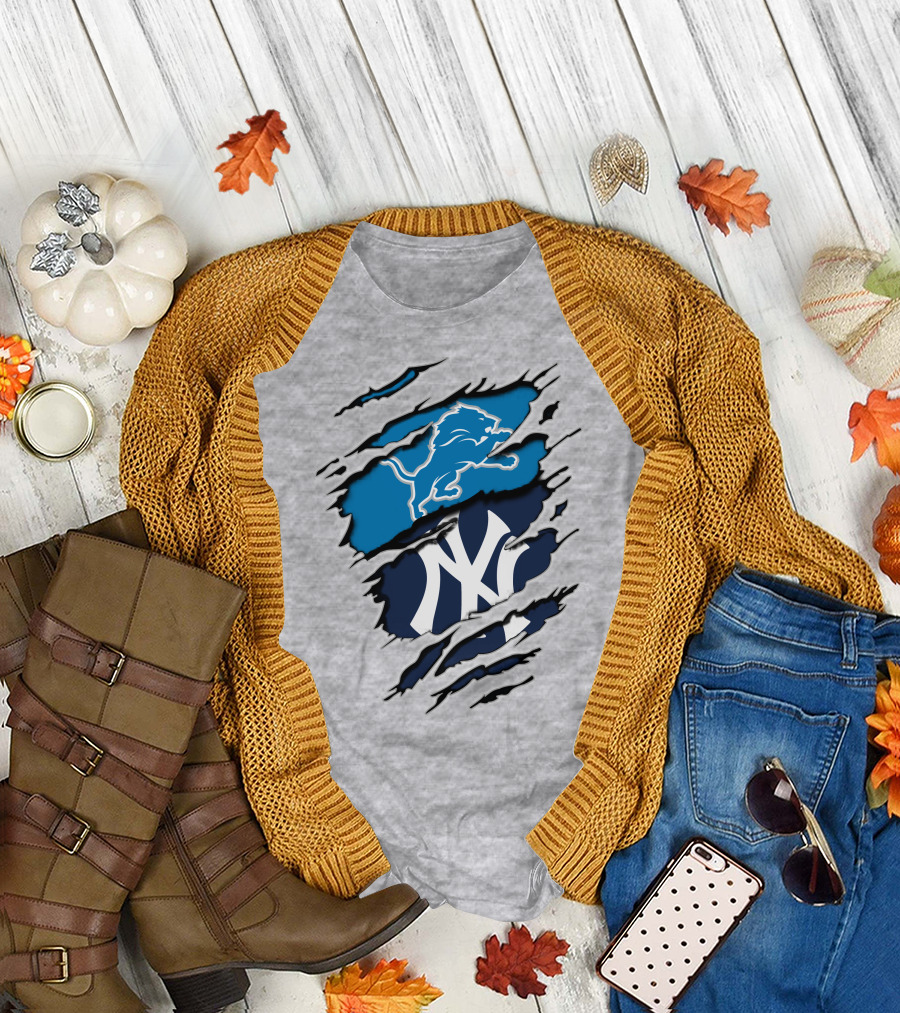 Detroit Lions New York Yankees Claw Rip T-Shirt