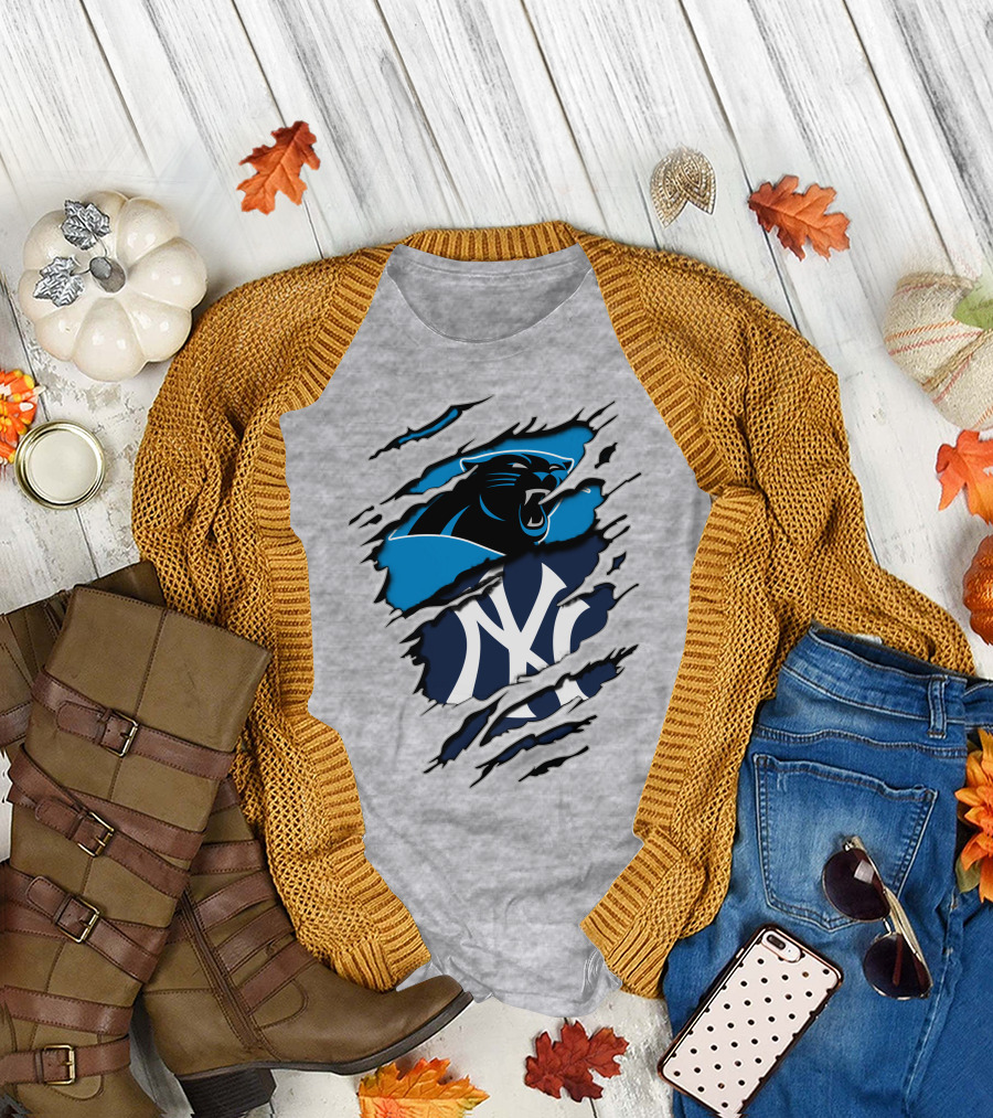 Panthers Yankees Claw Rip Logos Mashup T-Shirt
