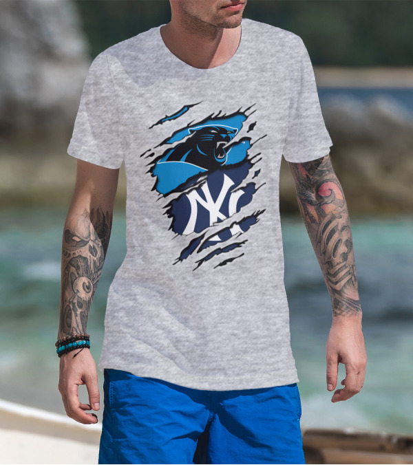 Panthers Yankees Claw Rip Logos Mashup T-Shirt