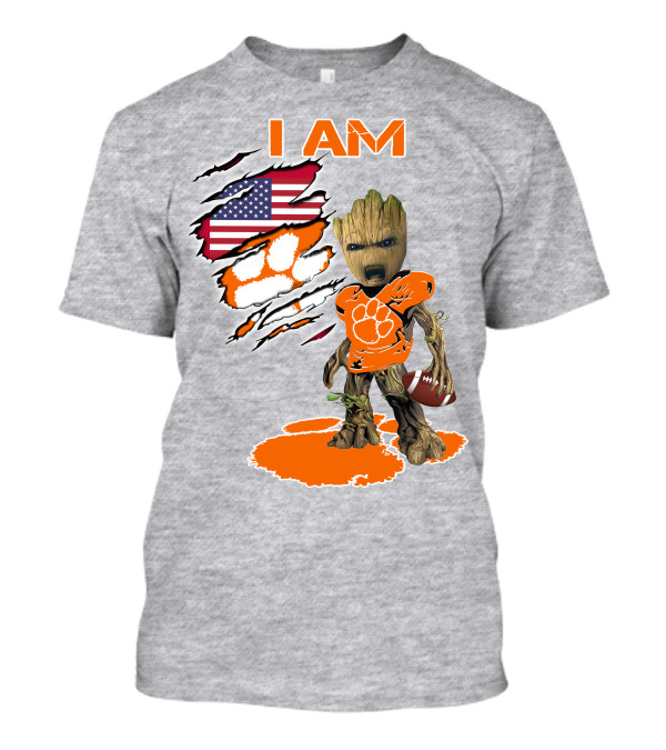 I AM Groot Clemson Football American Flag Background T-Shirt