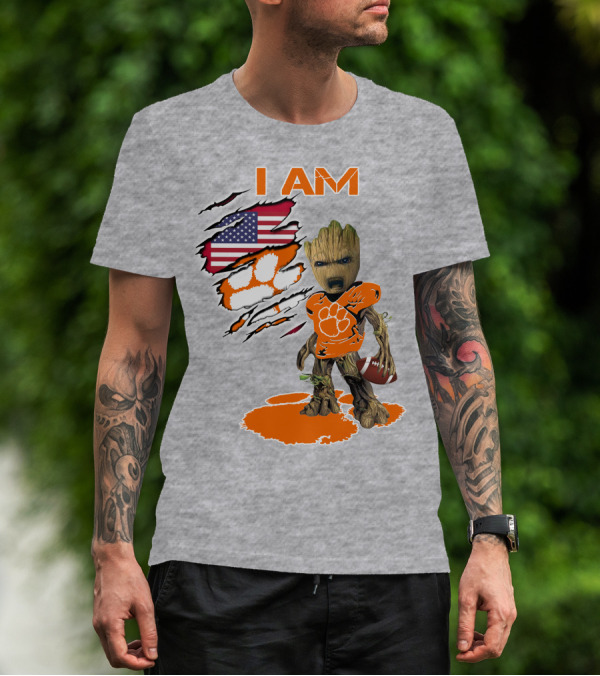 I AM Groot Clemson Football American Flag Background T-Shirt