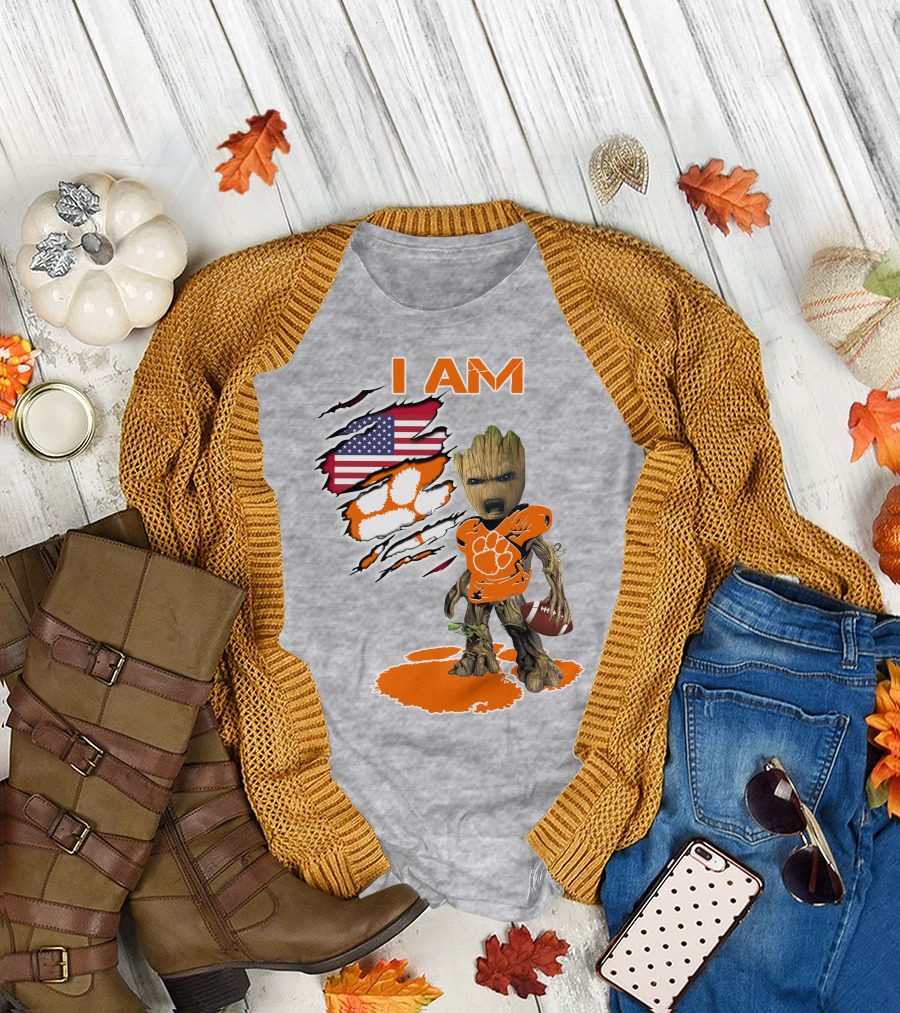 I AM Groot Clemson Football American Flag Background T-Shirt