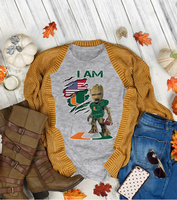 I Am University Of Miami Hurricanes Football Groot American Flag T-Shirt