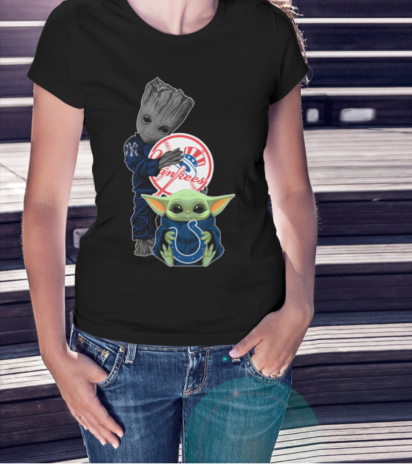 Yankees Groot Holding Baseball With Colts Baby Yoda T-Shirt