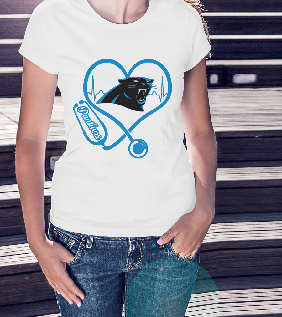 Carolina Panthers Nurse Love Stethoscope Heartbeat Panthers T-Shirt