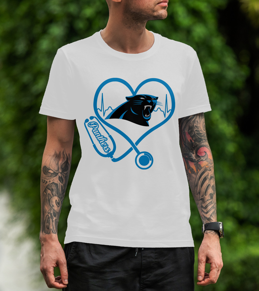 Carolina Panthers Nurse Love Stethoscope Heartbeat Panthers T-Shirt