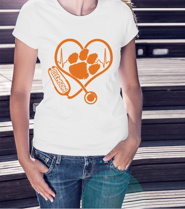 Clemson Tigers Nurse Heartbeat Paw Stethoscope T-Shirt