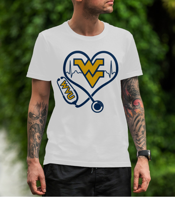 West Virginia Mountaineers Nurse Love WVU Stethoscope Heartbeat T-Shirt