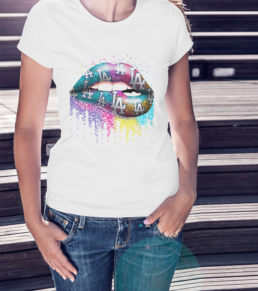 Lips With Los Angeles Dodgers Glitter Logo T-Shirt