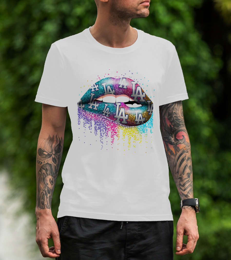 Lips With Los Angeles Dodgers Glitter Logo T-Shirt