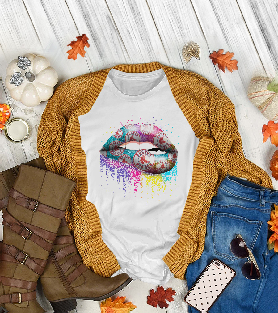 Boston Red Sox Lips Multicolor Sparkle T-Shirt