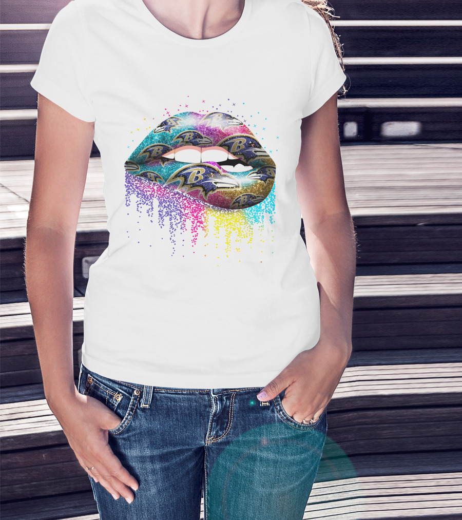 Baltimore Ravens Logo Lips Glitter Multicolor T-Shirt