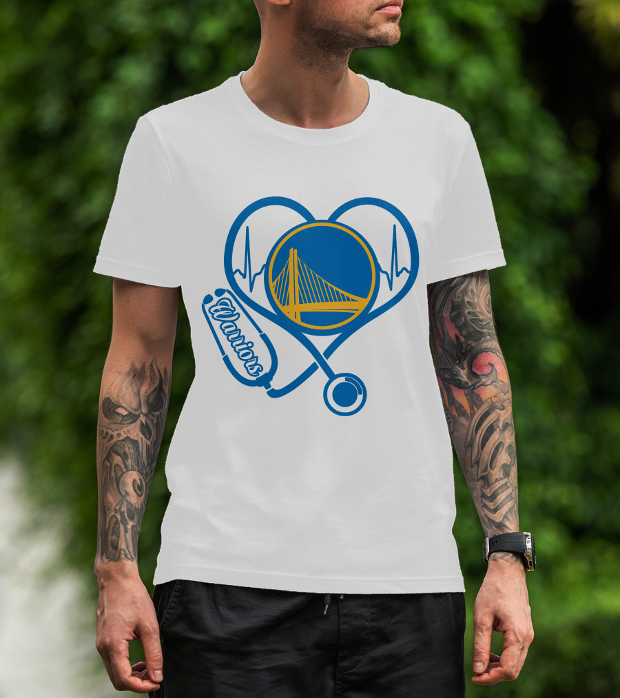 Nurse Love Warriors Heartbeat Stethoscope Golden State Bridge T-Shirt