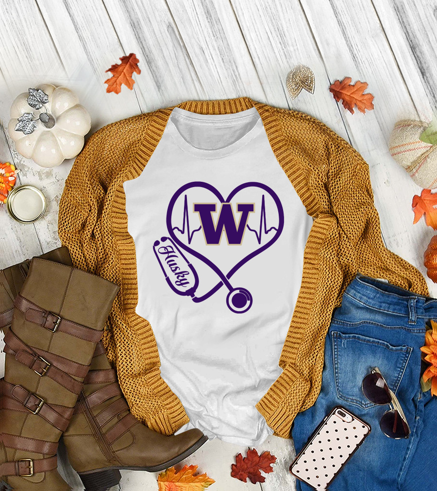 Washington Huskies Nurse Love Stethoscope Heartbeat T-Shirt