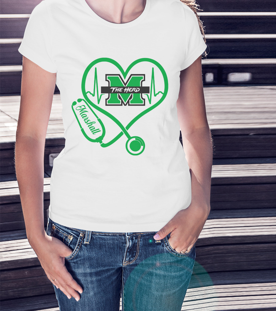 Marshall Thundering Herd Nurse Love Heartbeat Stethoscope T-Shirt
