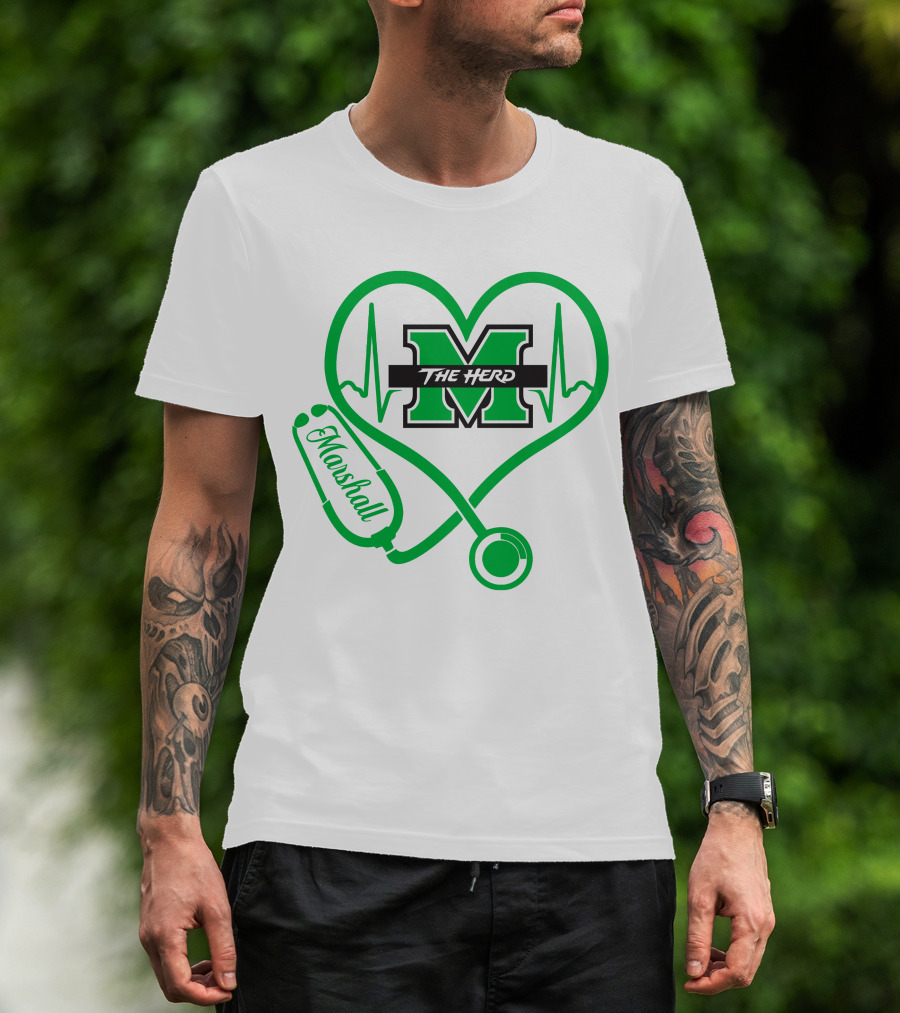 Marshall Thundering Herd Nurse Love Heartbeat Stethoscope T-Shirt