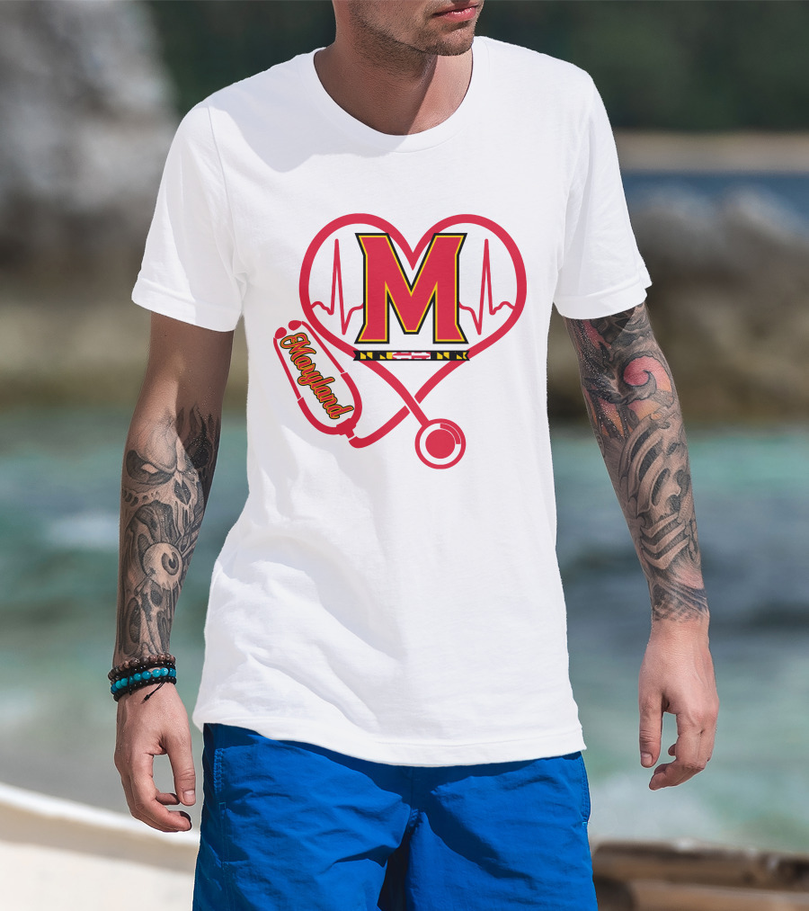 Nurse Love Maryland Terps Heartbeat Stethoscope T-Shirt