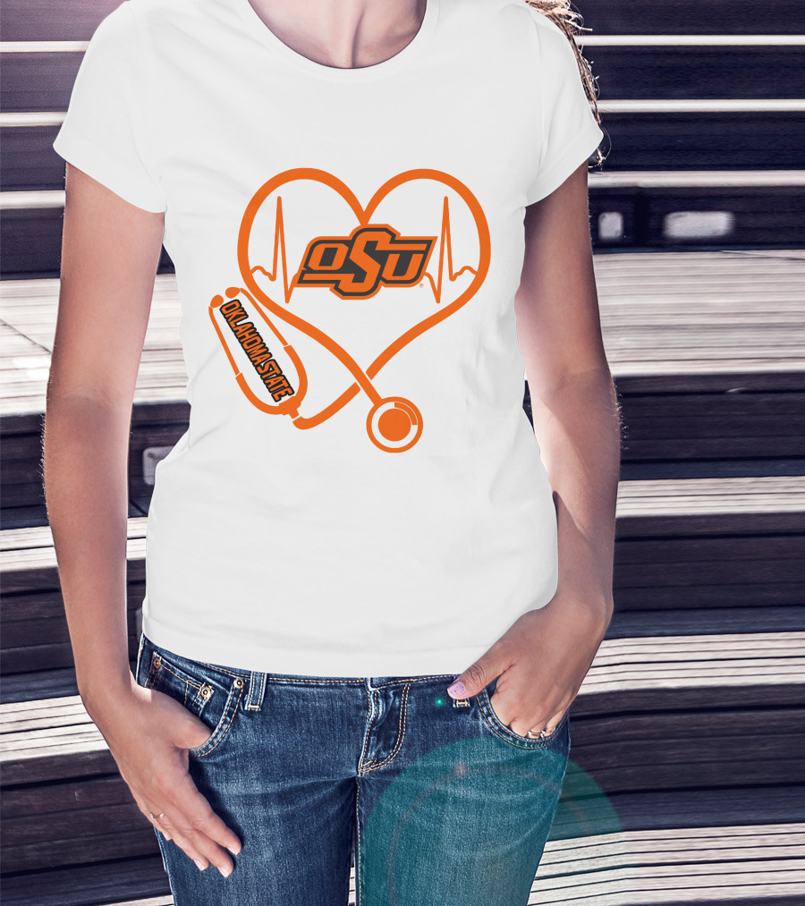 Oklahoma State Cowboys Nurse Love Heart Stethoscope T-Shirt