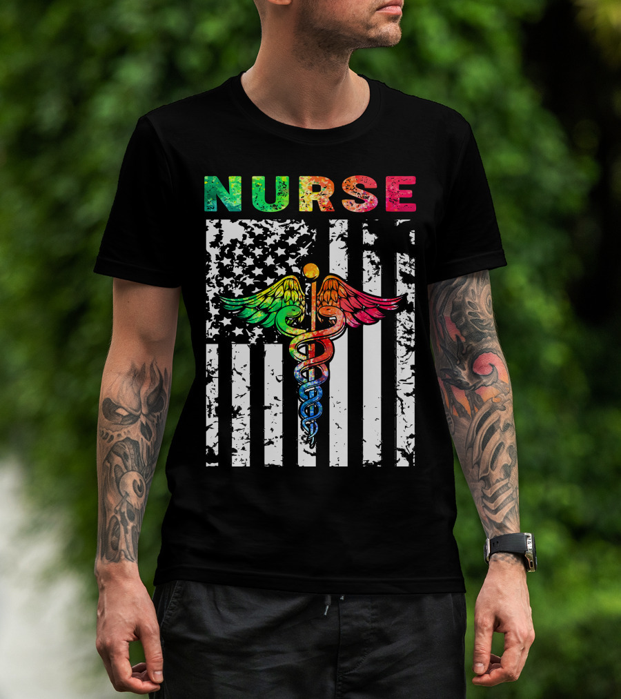 Nurse Usa Flag With Rainbow Caduceus Symbol T-Shirt