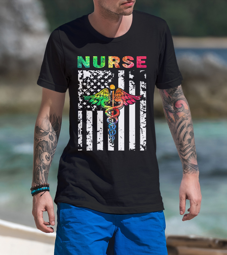 Nurse Usa Flag With Rainbow Caduceus Symbol T-Shirt