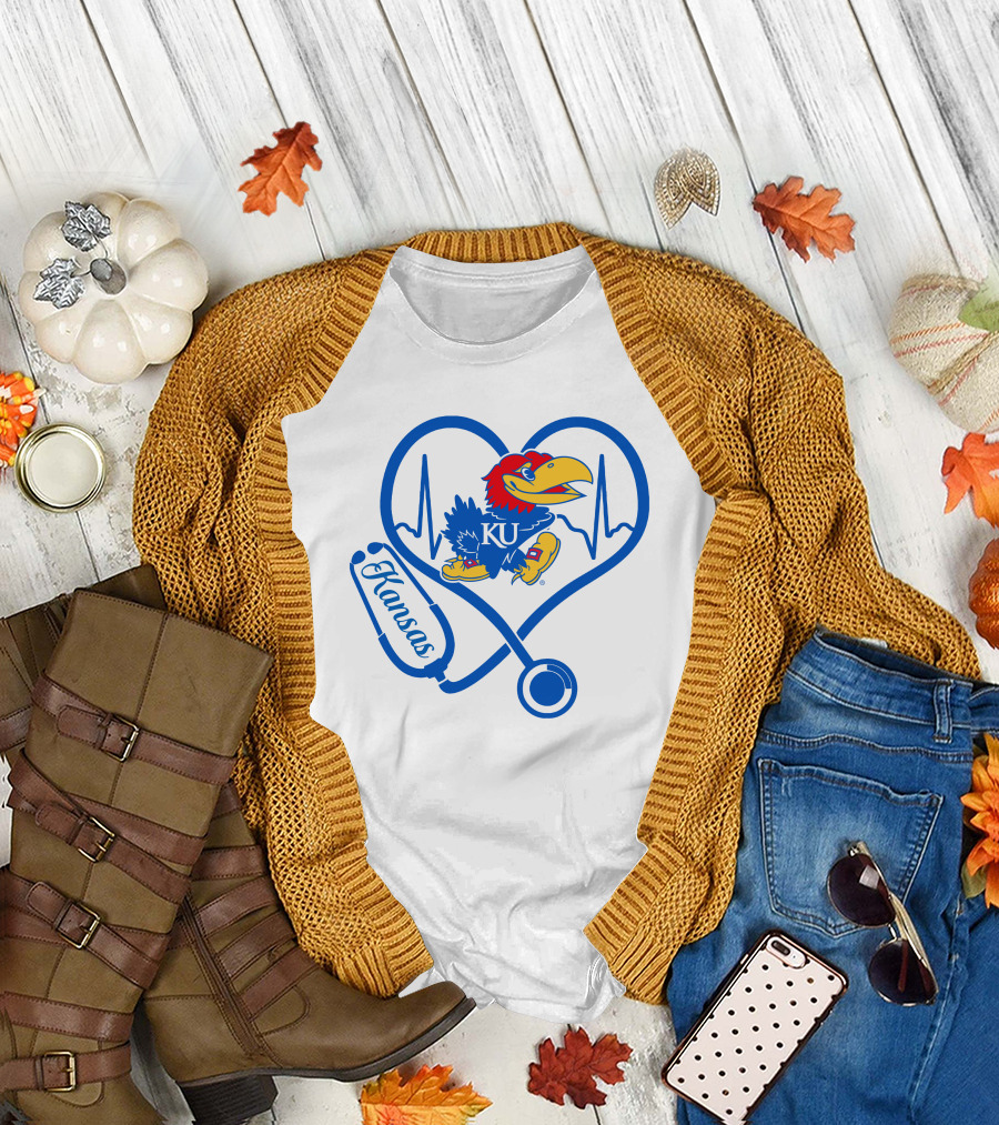 Nurse Love Kansas Jayhawks Heartbeat Stethoscope KU T-Shirt