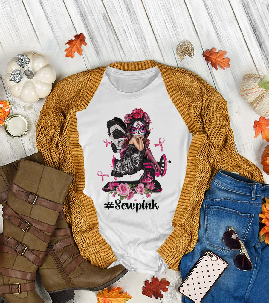Sewpink Butterfly Sugar Skull Sewing Machine Ribbon Roses T-Shirt