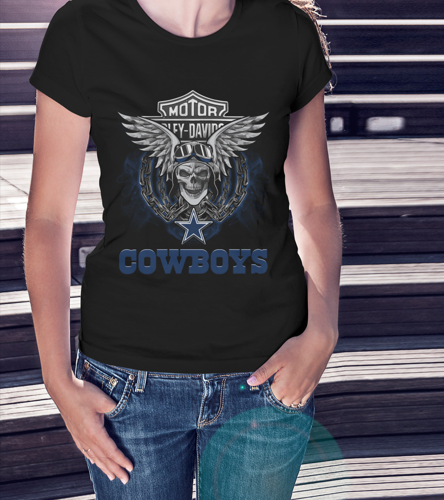 Harley Davidson Motor Biker Nfl Dallas Cowboys Skull Wings T-Shirt