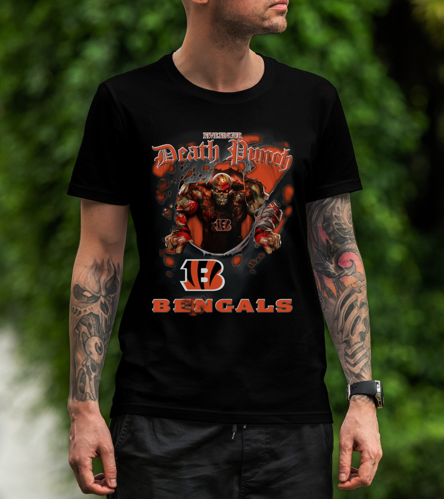 Five Finger Death Punch Nfl Cincinnati Bengals Biker Theme With Harley Davidson Elements T-Shirt