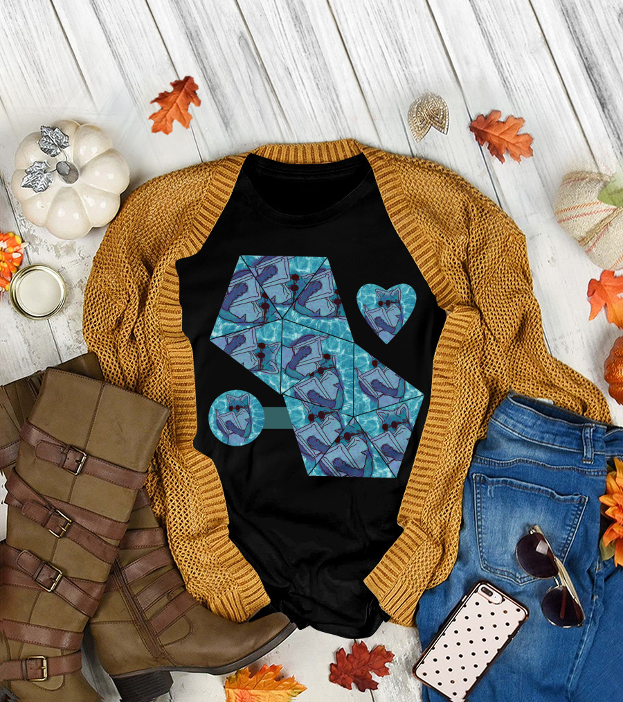 Cool Fox Reading in Blue Geometric T-Shirt
