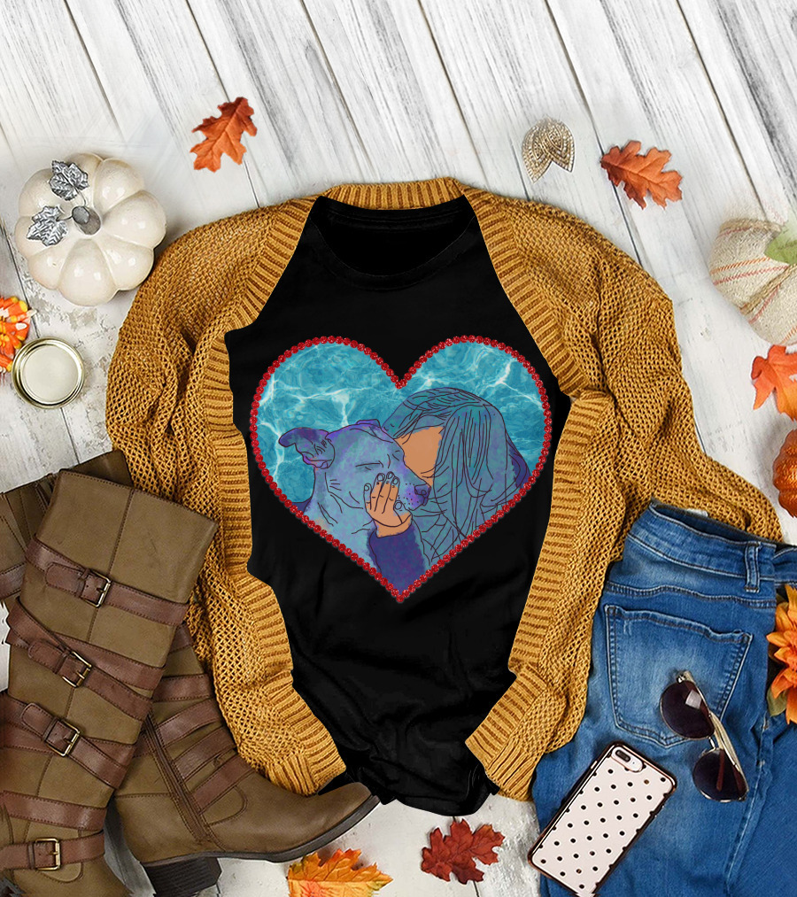 Adopt Don't Shop Heart Embrace of Woman and Dog in Blue and Red Heart T-Shirt