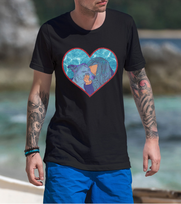 Adopt Don't Shop Heart Embrace Of Woman And Dog In Blue And Red Heart T-Shirt