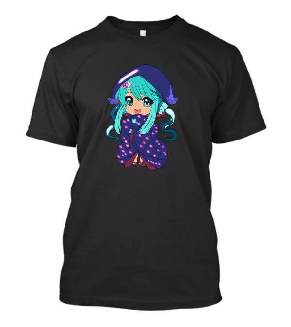 Chibi Girl Wrapped In Star-Patterned Blanket With Blue Hair And Pink Bow T-Shirt